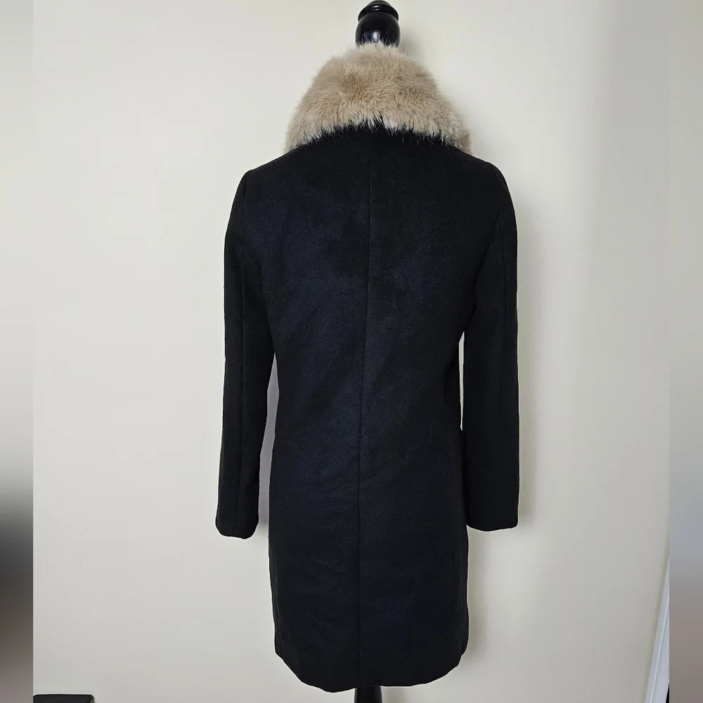 Topshop Nina Black Double-Breasted Slim Military Coat Faux Fur Collar Womens 4